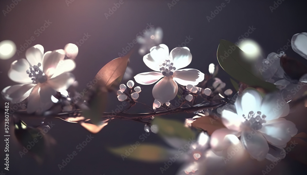  a close up of a flower on a branch with leaves and flowers in the foreground, with a black backgrou