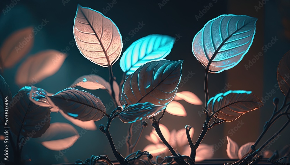  a group of leaves that are glowing in the dark night sky, with a blue light coming from the leaves 