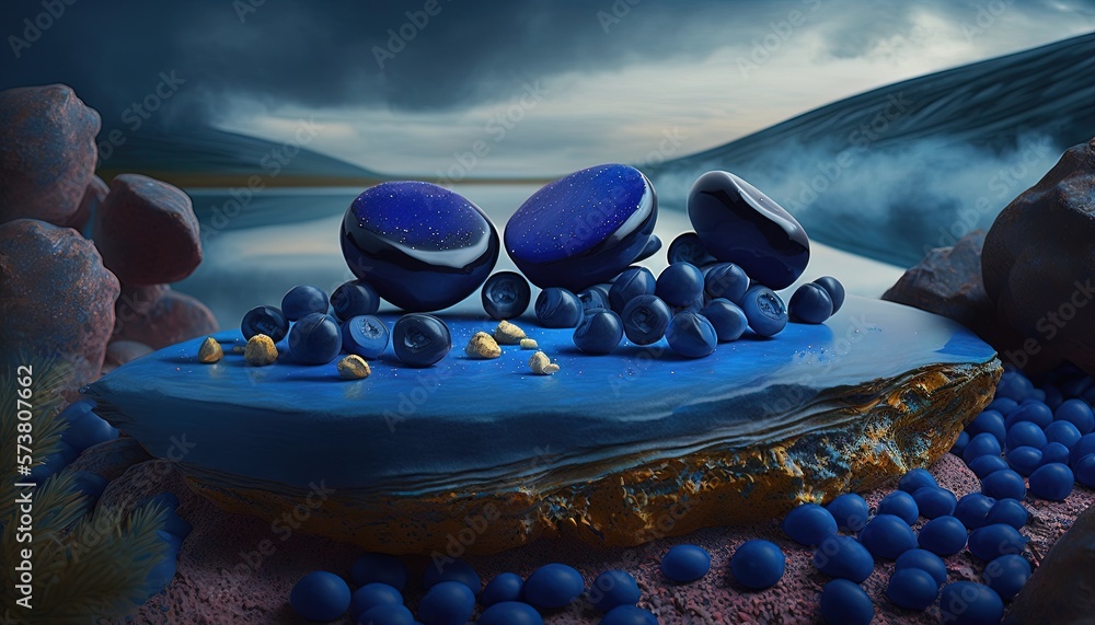  a painting of blue rocks and pebbles on a rocky beach with a dark sky in the background and a body 