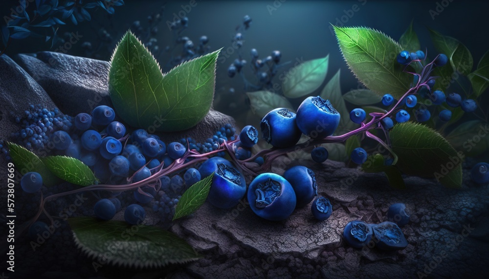  a painting of blueberries and leaves on a rock with water droplets on the ground and on the ground 