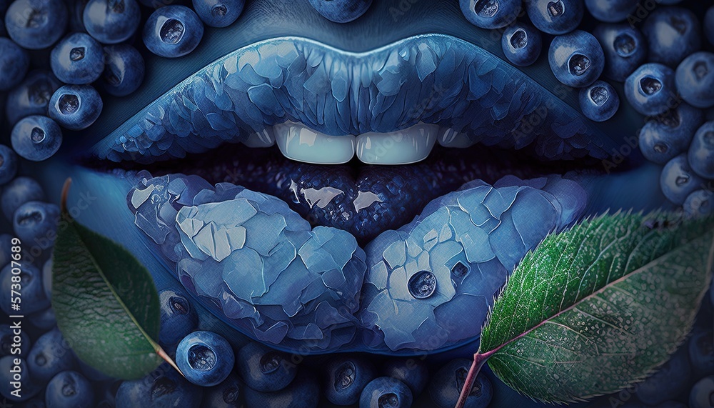  a painting of a womans mouth with blueberries surrounding her and a leaf on the bottom of her lip 