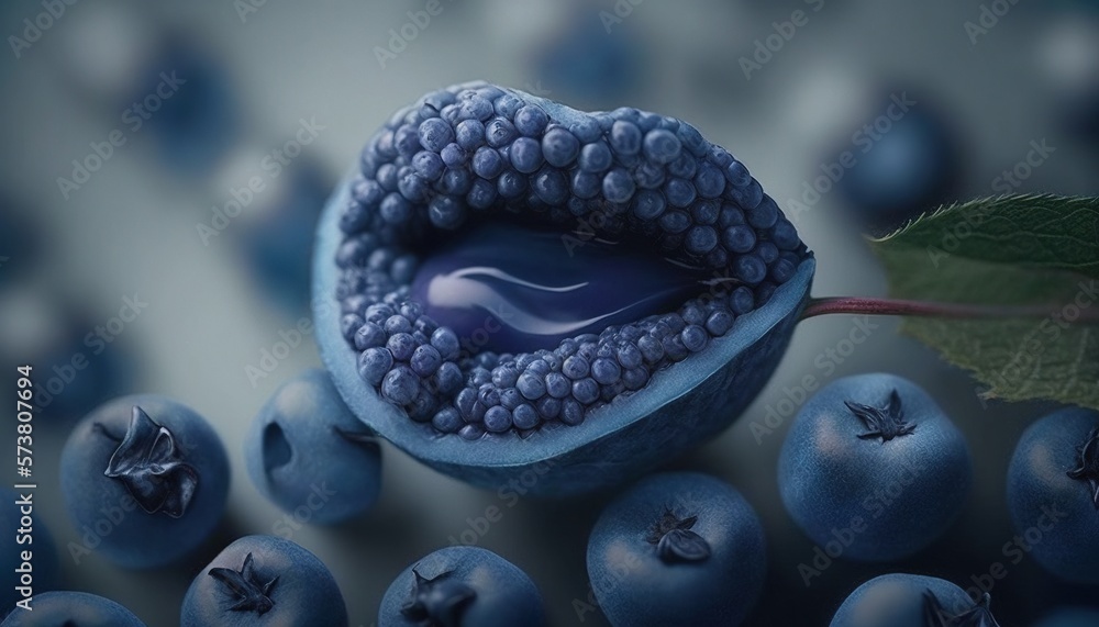  a close up of a blueberry with a leaf on it and blue berries around it, with a leaf on top of the b