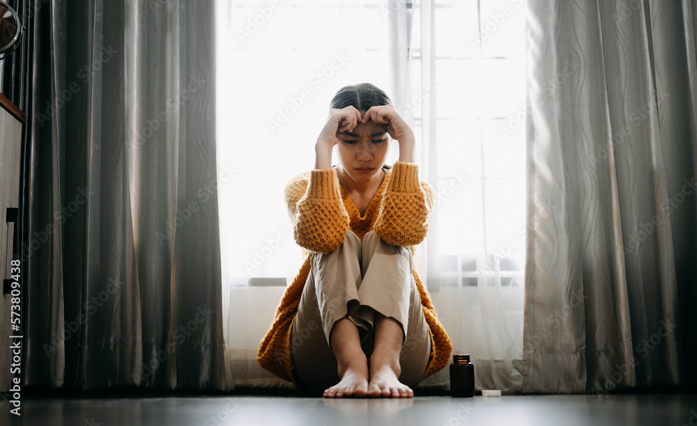 woman sit Depression Dark haired  pensive glance Standing by window and anxiety Copy space. ..