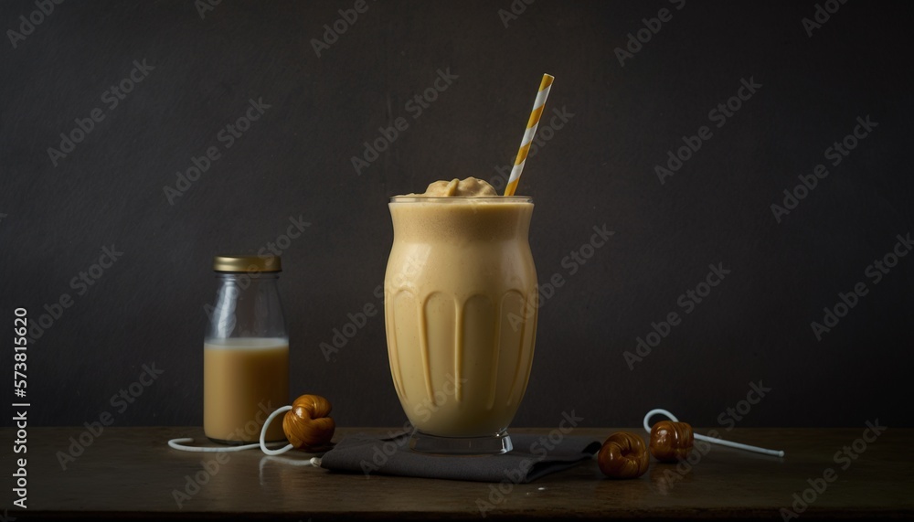  a smoothie in a glass with a straw next to a bottle of milk and a glass with a straw in it on a tab