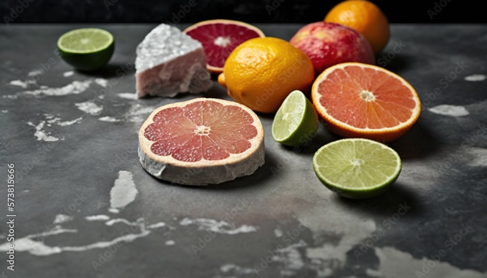  a group of citrus fruits sitting on top of a table next to limes and grapefruits on a black table t