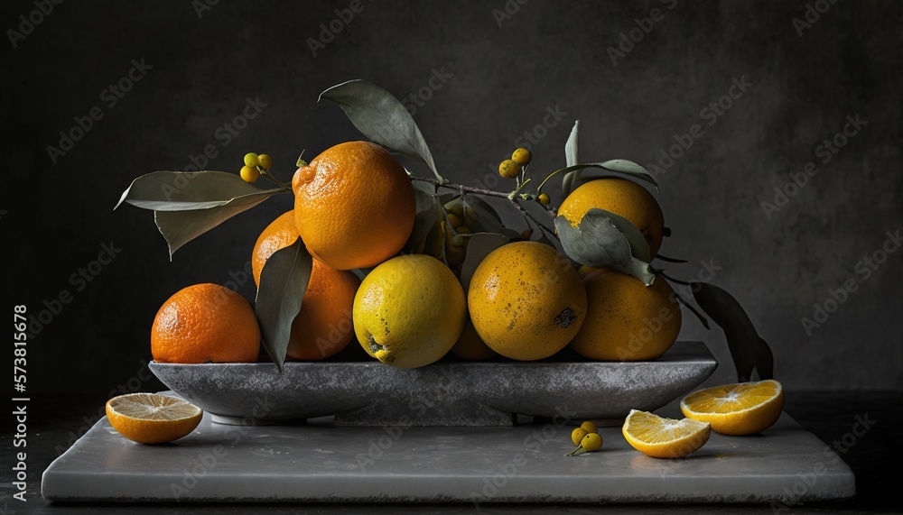  a bunch of oranges and lemons in a bowl on a table with leaves and a gray wall in the background wi