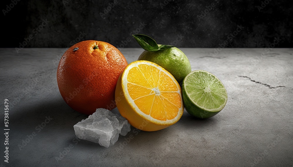  an orange, lime, and an orange slice on a table with a piece of ice on the side of the table and a 