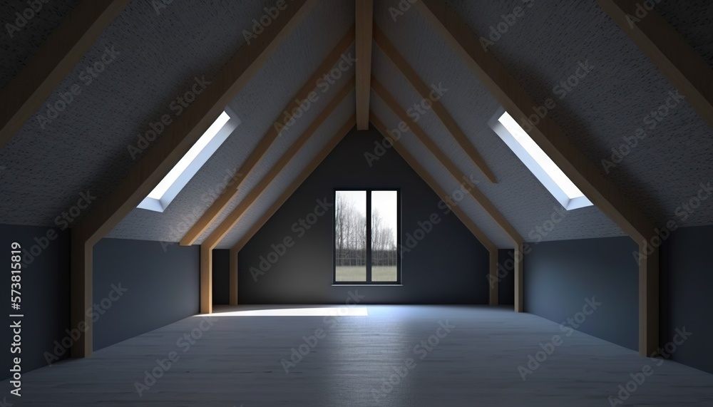  an empty room with two windows and a skylight in the corner of the room is lit up by two bright lig