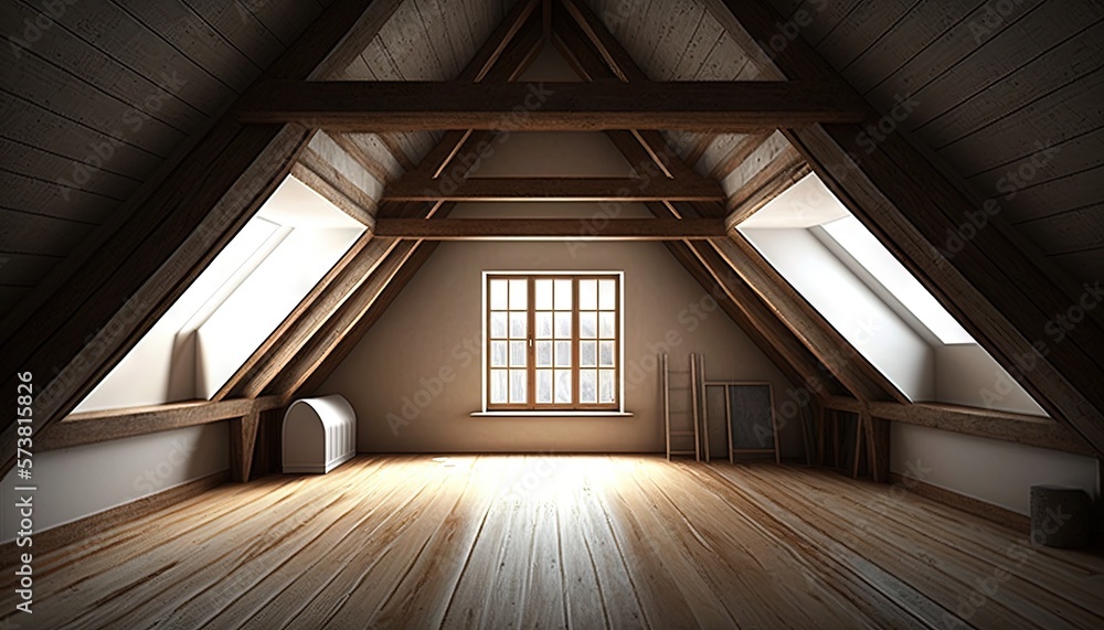  a loft with a bed and a window in its side wall and a wooden floor in front of a window with a sky