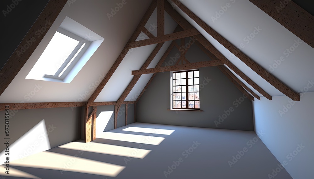  an empty room with a window and a slanted ceiling with beams and a slanted ceiling with a window an