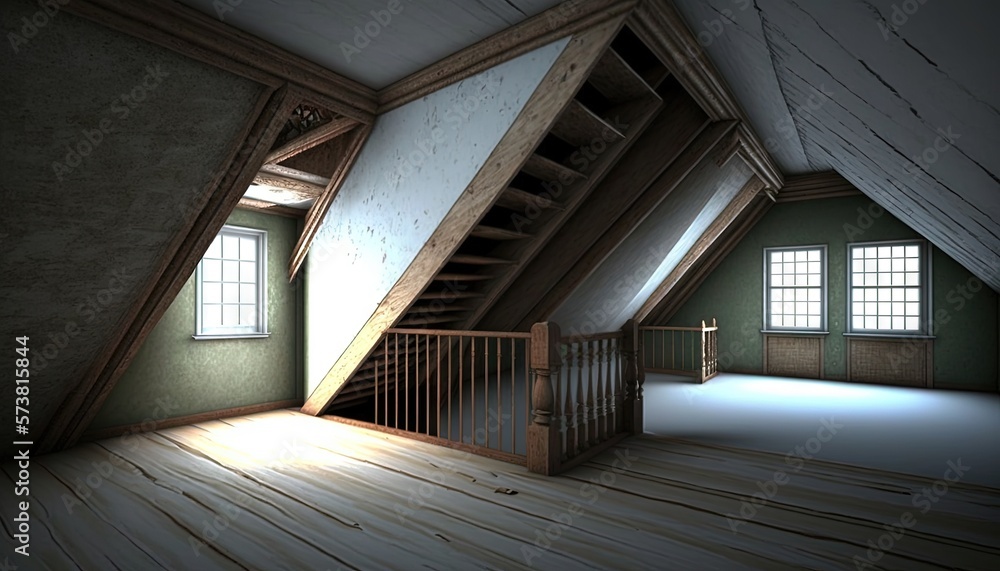  a loft with a staircase and windows in the attic of a house with a wooden floor and a staircase lea