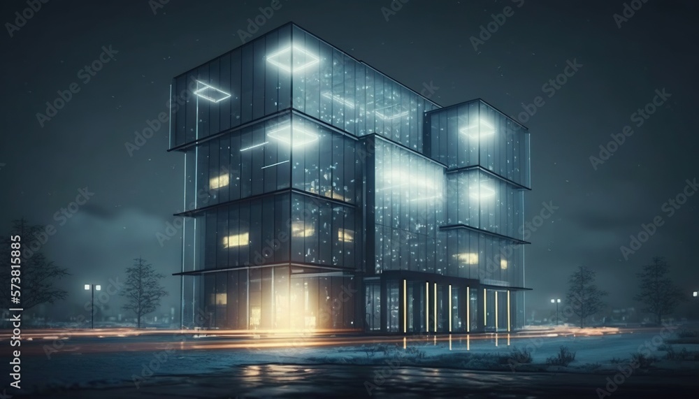  a building that has a lot of windows and lights on it in the dark night with a street light in fron