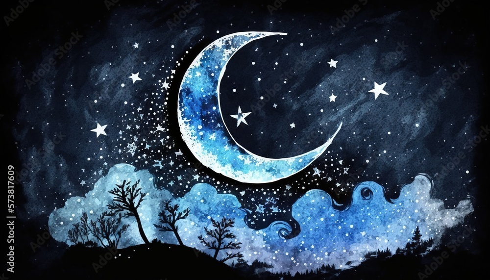  a painting of a crescent and stars in the night sky with clouds and trees on a hill with a blue sky