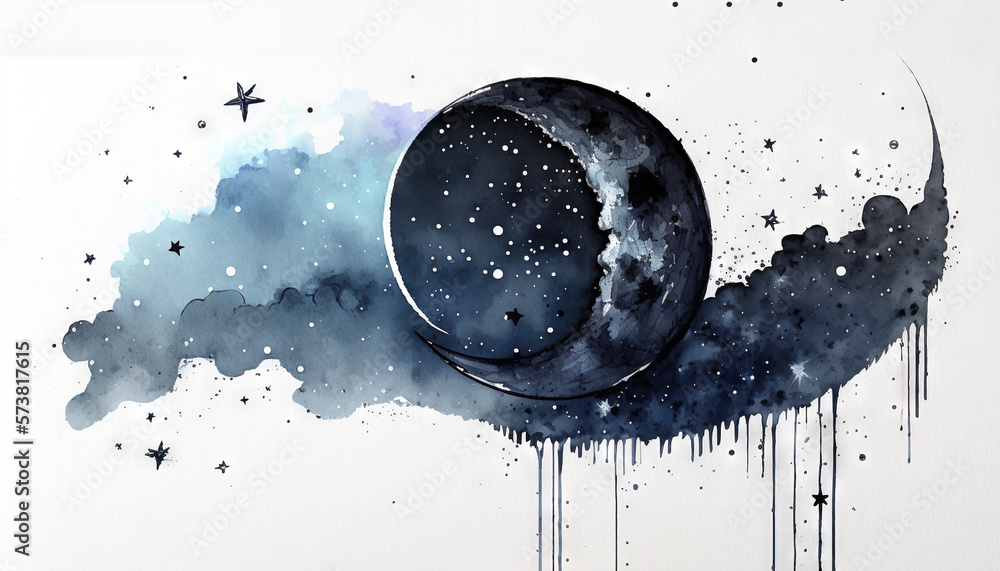  a watercolor painting of a crescent moon and stars in the night sky with a black and white backgrou