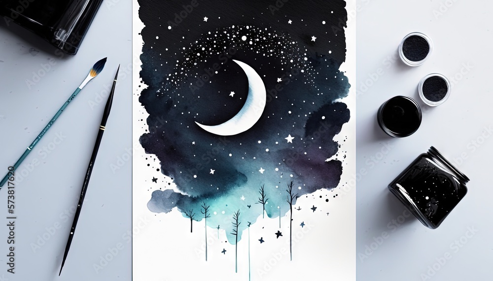  a watercolor painting of a crescent and stars on a white background with paint brushes and watercol