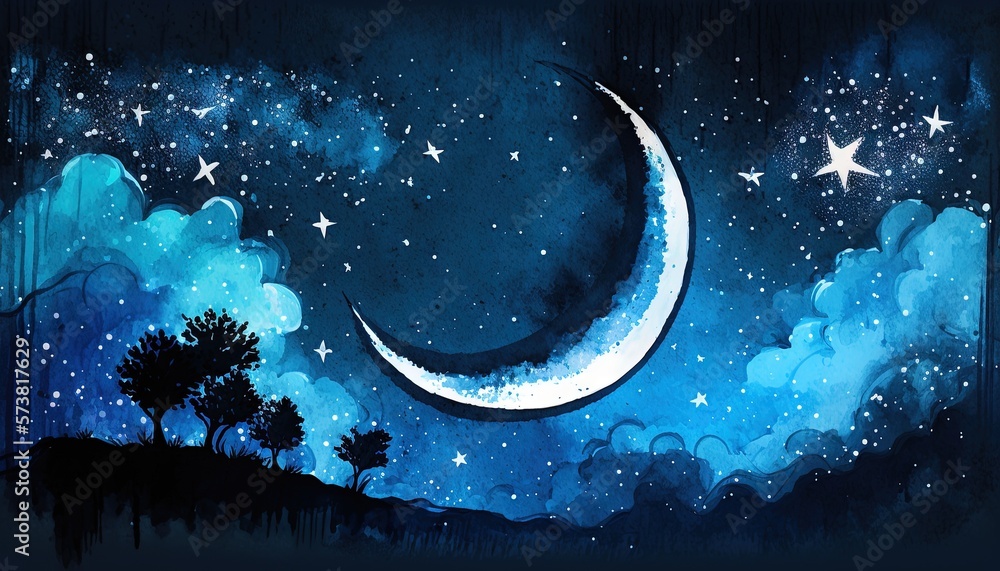  a painting of a night sky with stars and a crescent with a tree on the side of the moon and a blue 