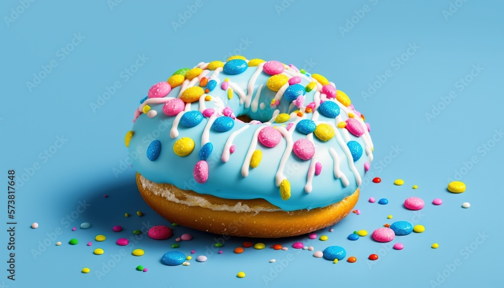  a donut with blue icing and sprinkles on a blue background with colorful sprinkles on the bottom of