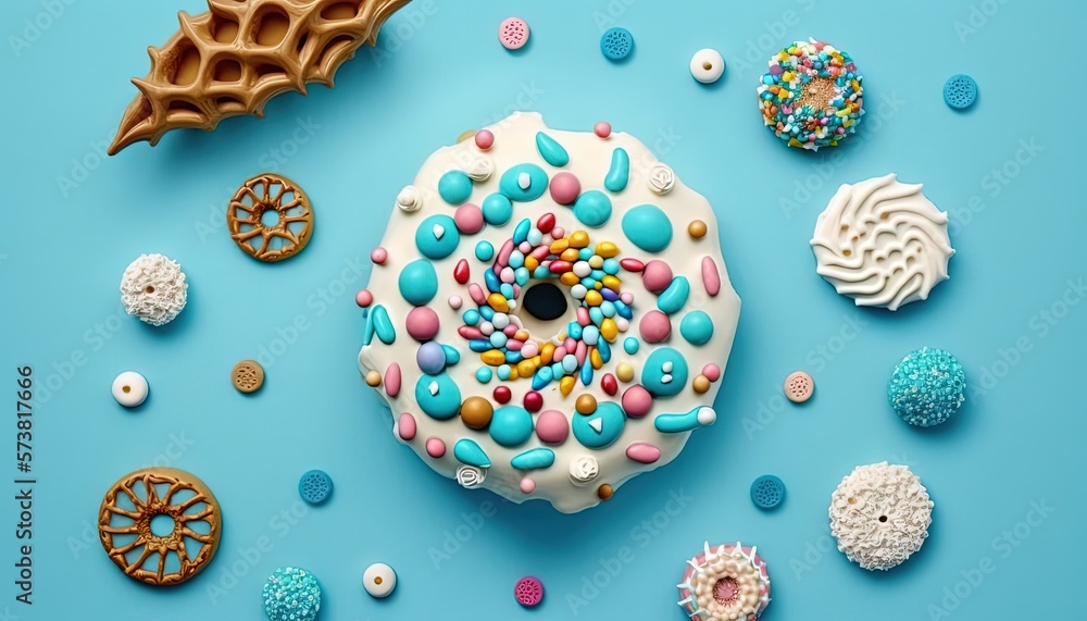  a donut with sprinkles and candy on a blue surface with other donuts around it and a wafer cone on 