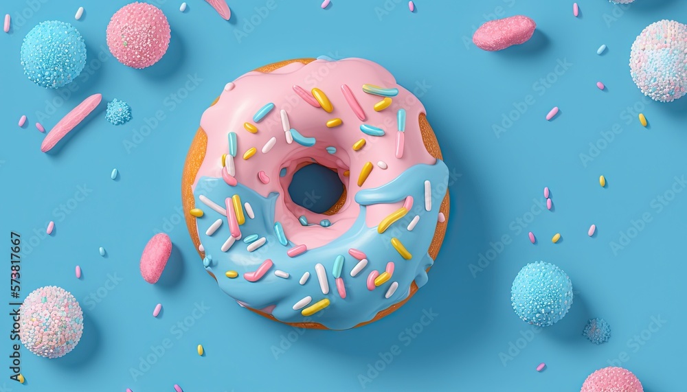  a pink frosted donut with sprinkles on a blue background with confetti and sprinkles around it.  ge