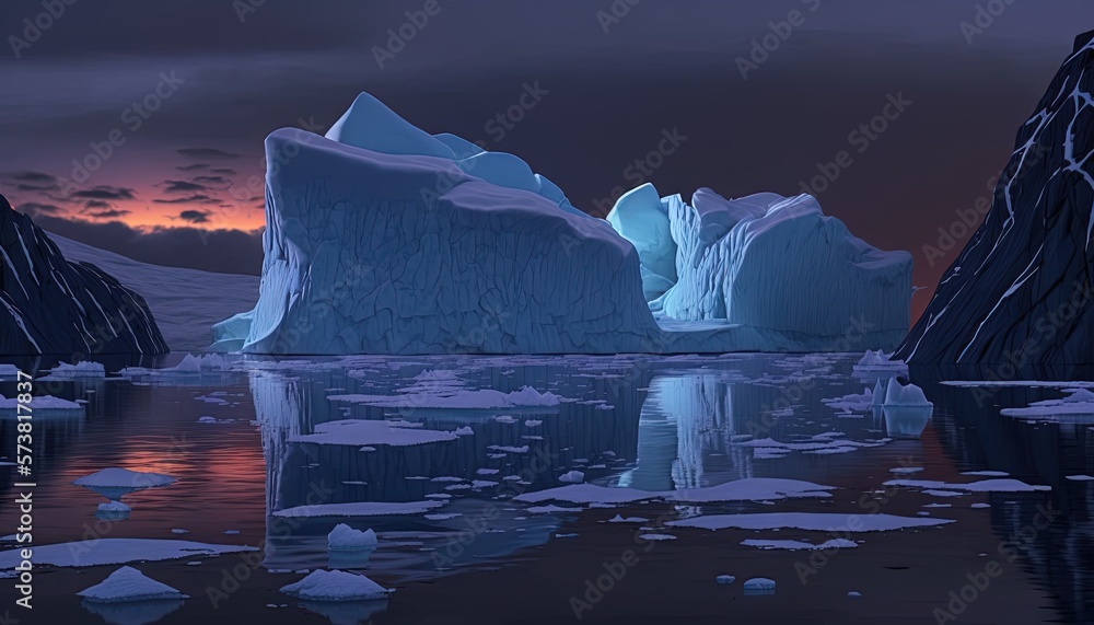  a group of icebergs floating in the ocean at night time with a full moon in the sky above them and 