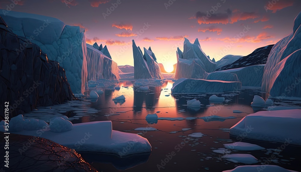  a painting of icebergs in a frozen lake at sunset or sunrise with the sun setting behind the iceber