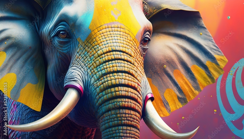  a colorful elephant with tusks standing in front of a red background with a blue and yellow design 