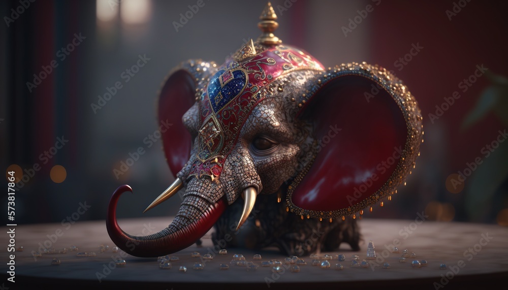  an elephant with a crown on its head sitting on top of a table with beads on its head and a ring 