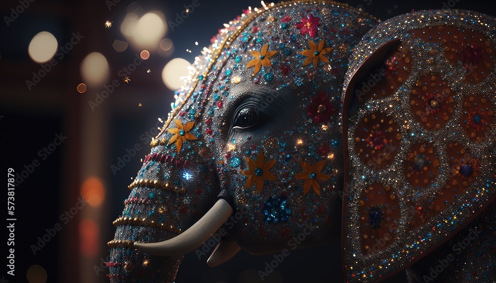  a close up of an elephant statue with a lot of sparkles on its face and tusks on its head.  gener