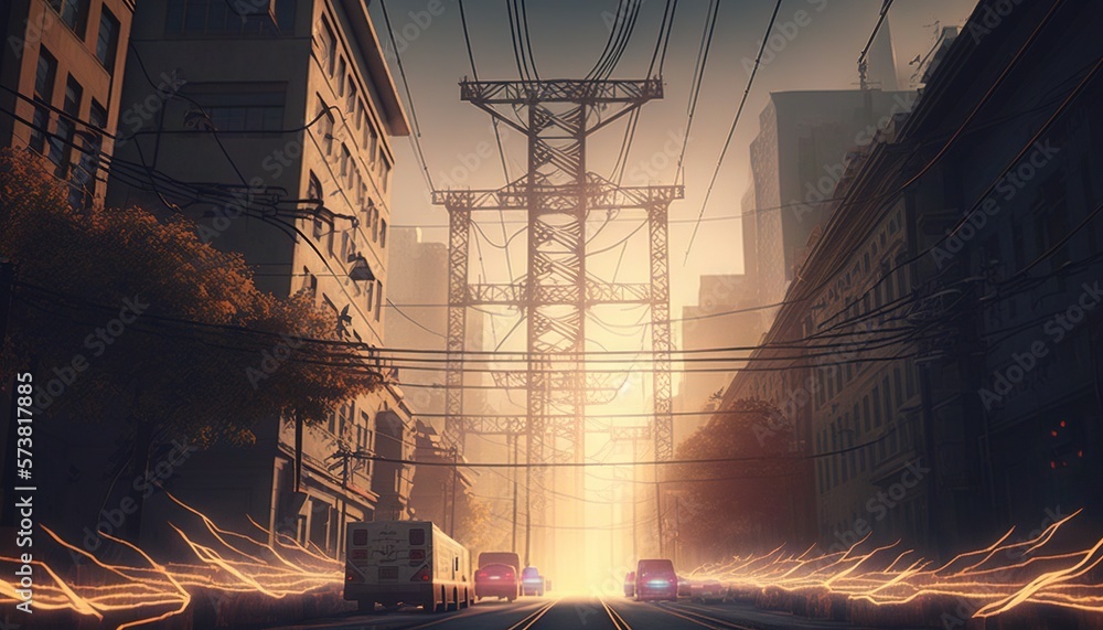  a city street filled with lots of traffic under a tall tower with wires above it and cars driving d