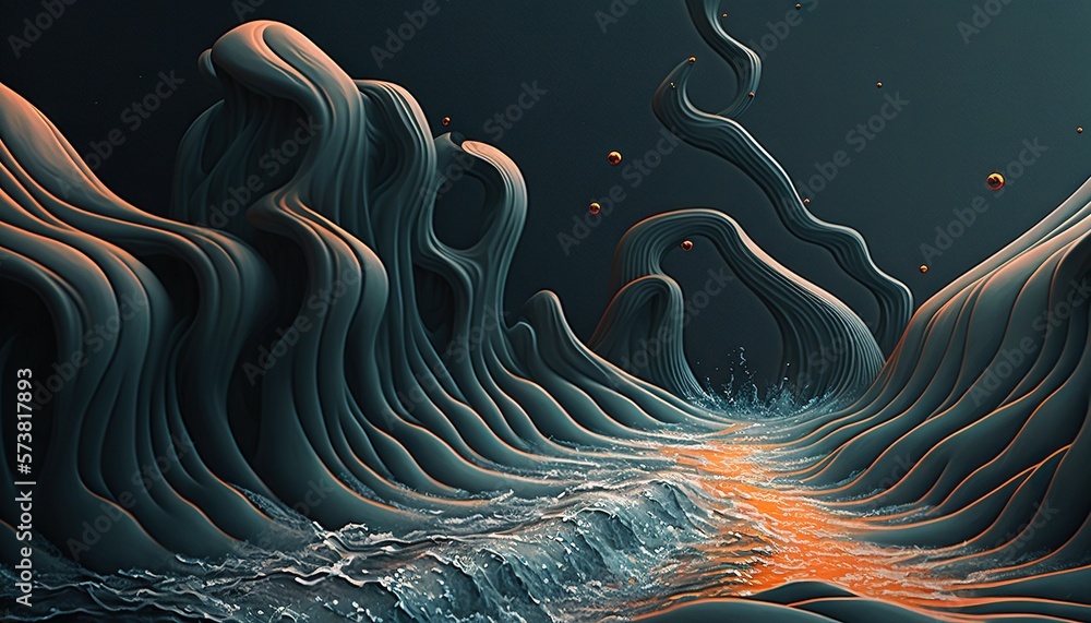  a computer generated image of a wave of water and a bright orange light in the middle of the image 