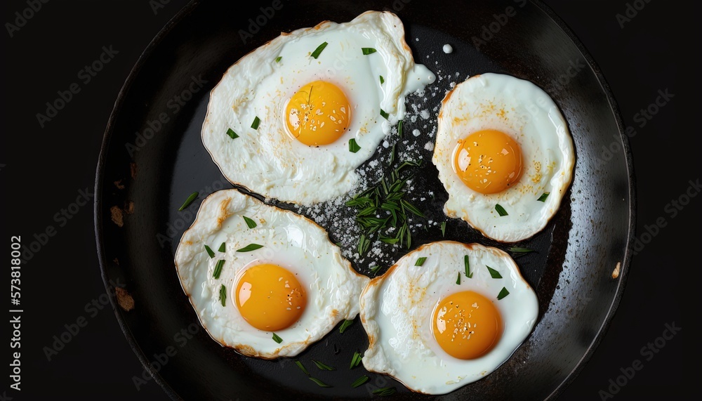  four fried eggs in a frying pan on a black surface with a sprig of parsley on top of the frying pan