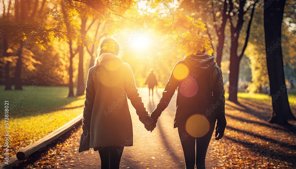  two people holding hands walking down a path in a park with the sun shining through the trees and l