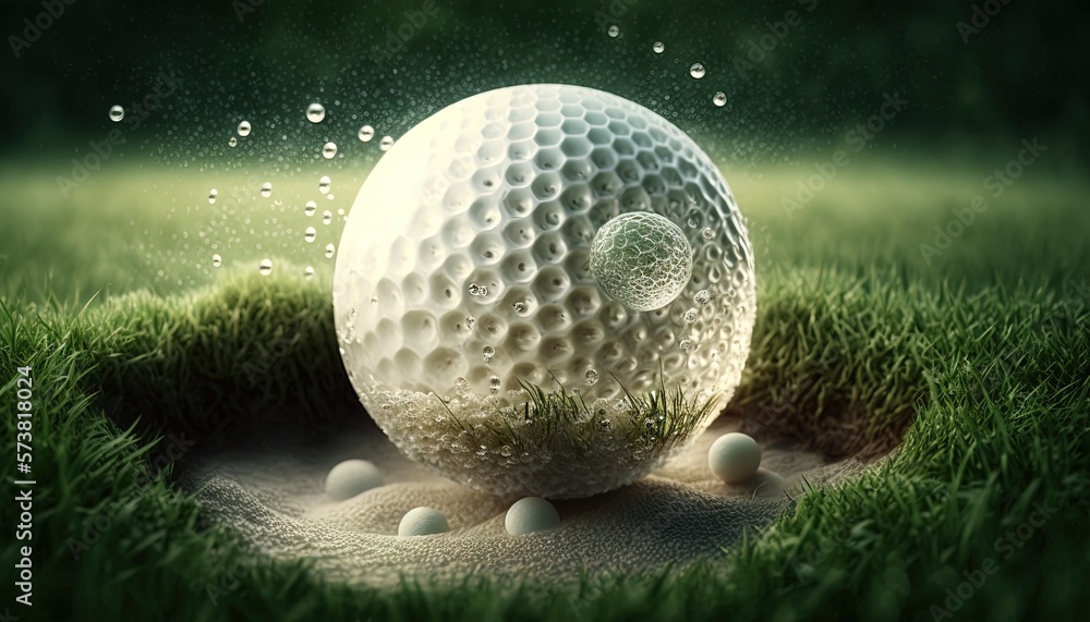  a white golf ball in the grass with bubbles of water coming out of the top of the golf ball on the 