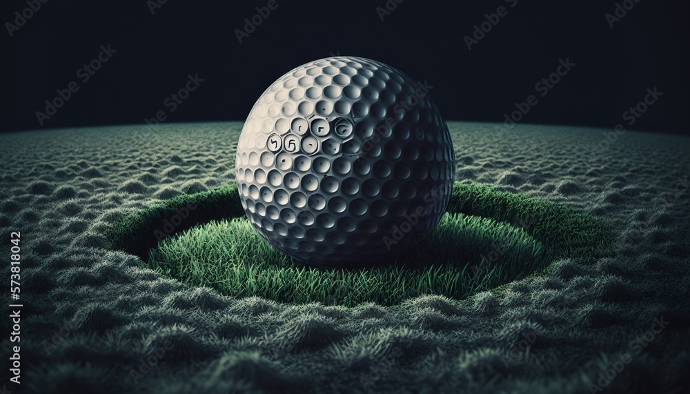  a golf ball sitting on top of a green grass covered field with a hole in the middle of the grass an