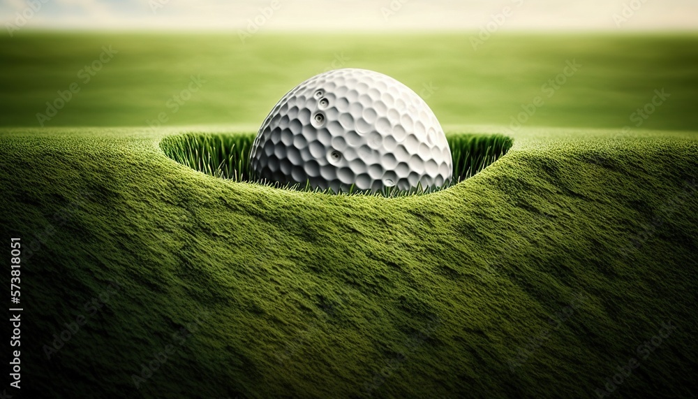  a golf ball sitting in the middle of a hole in a grass covered golf course with a blue sky in the b