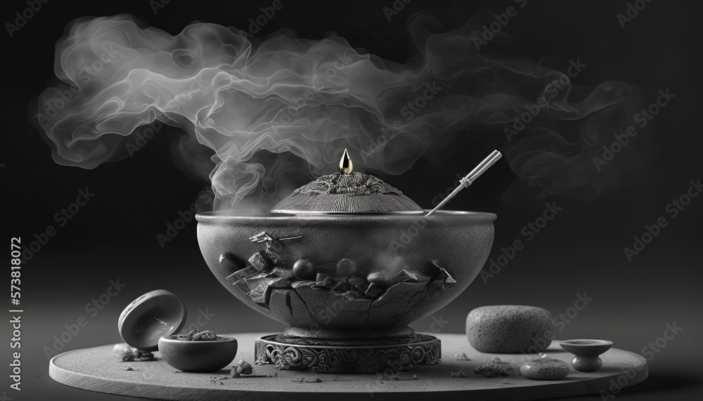  a bowl with smoke coming out of it on a plate with rocks and a spoon in it on a black background wi