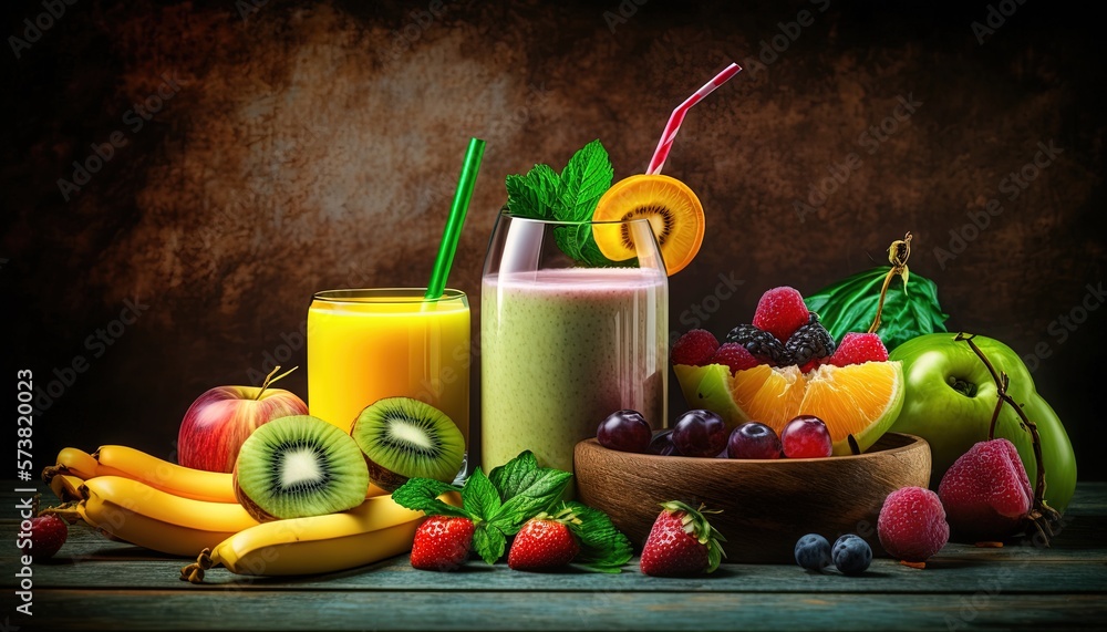  a painting of a variety of fruits and a smoothie in a glass on a table with a bowl of strawberries 