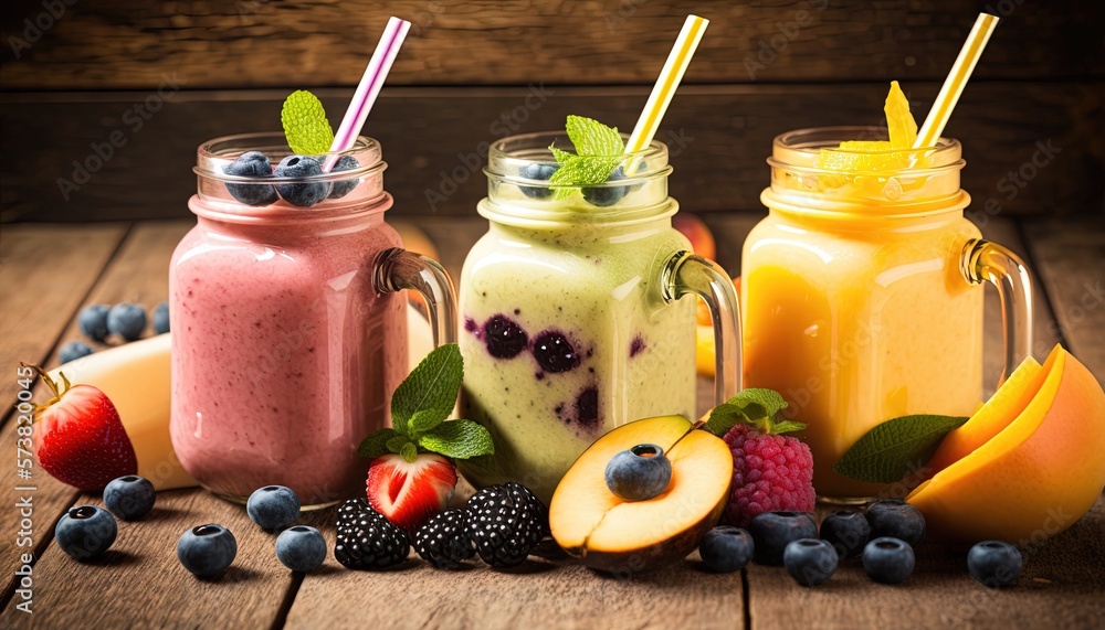  three mason jars filled with different types of smoothies and fruit on a wooden table with leaves a