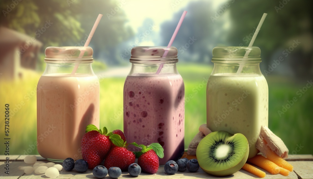  a table topped with three jars filled with different types of smoothies and fruit next to a pile of