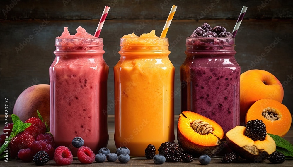  a group of smoothies sitting next to each other on top of a wooden table next to fruit and a cup of