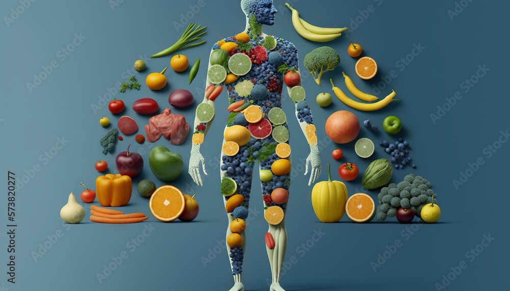  a man standing in front of a pyramid of fruits and vegetables in the shape of a human body with a v