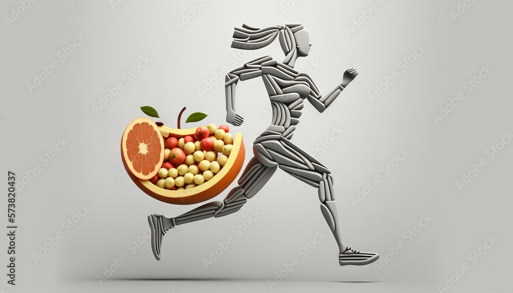  a man running with a plate of fruit and vegetables in the shape of a running man with a plate of fr