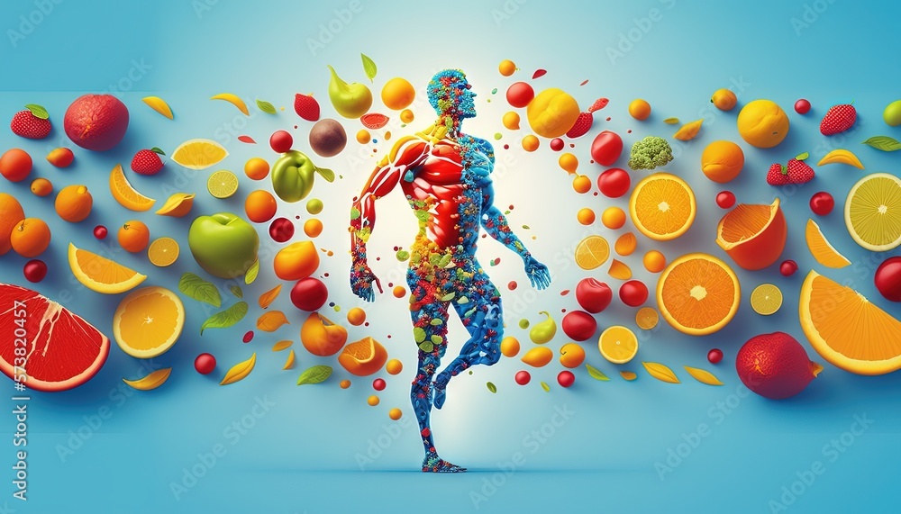  a man surrounded by fruit and vegetables is depicted in a digital art work of a man running through