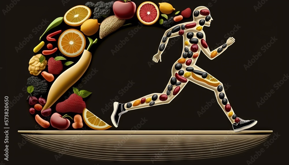  a man running through a circle of food items on a black background with a gold border around him an