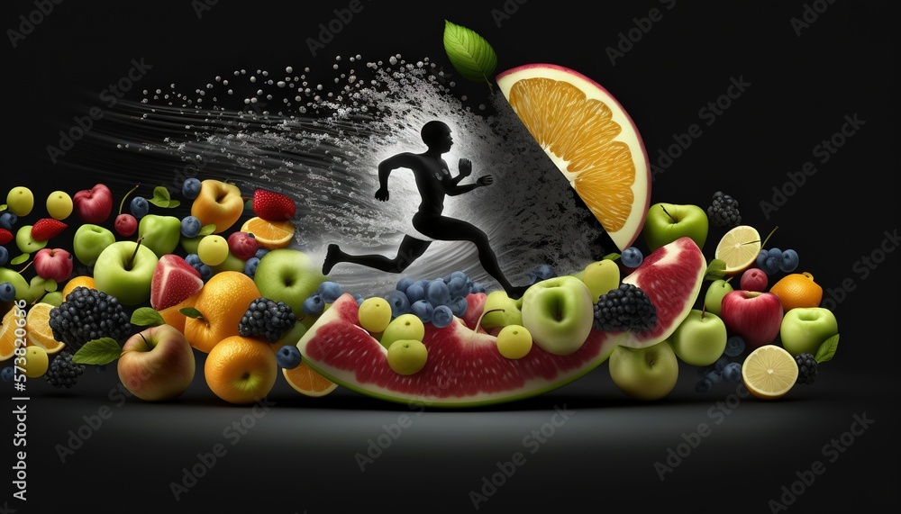  a man running through a pile of fruits and watermelon on top of a black background with a splash of