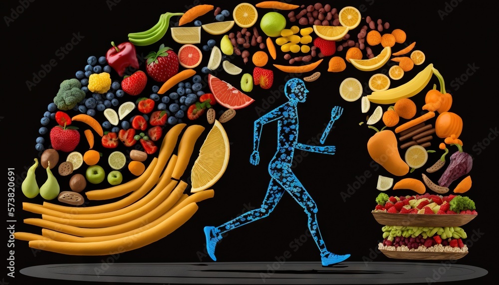  a man running past a large amount of fruits and vegetables on a black background with a blue graphi