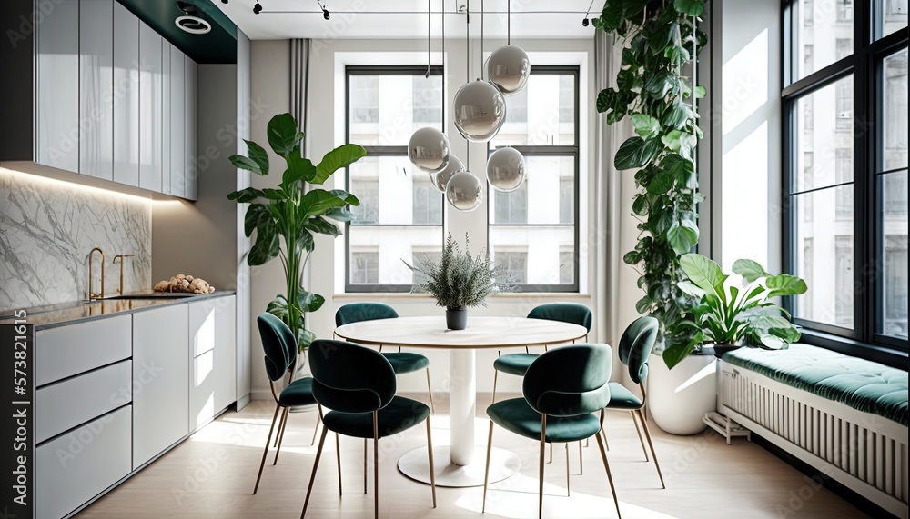  a dining room with a table and chairs and a bench in front of a window with potted plants on the wi