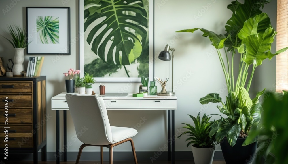  a desk with a chair and a plant in a room with a painting on the wall and a chair in front of the d