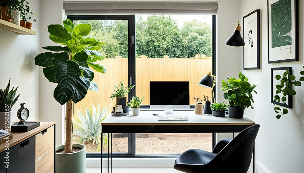  a home office with a desk, chair, computer and potted plants in front of a window with a view of th