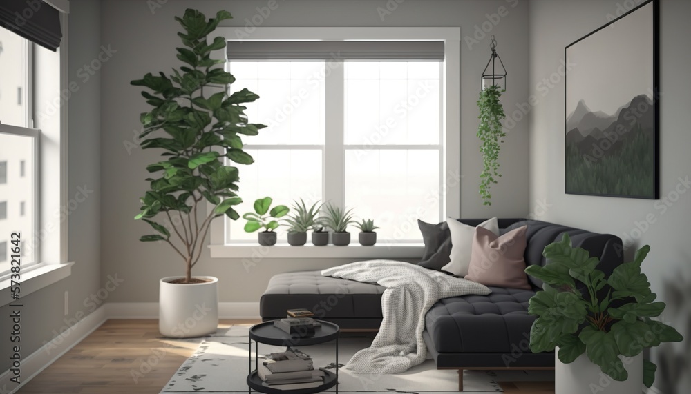  a living room with a couch and a potted plant in the corner of the room, and a window with a view o